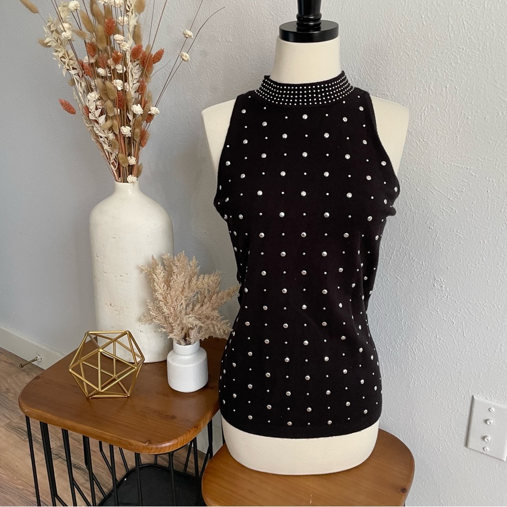 [WHBM] Stud Embellished Mock Neck Sleeveless Sweater